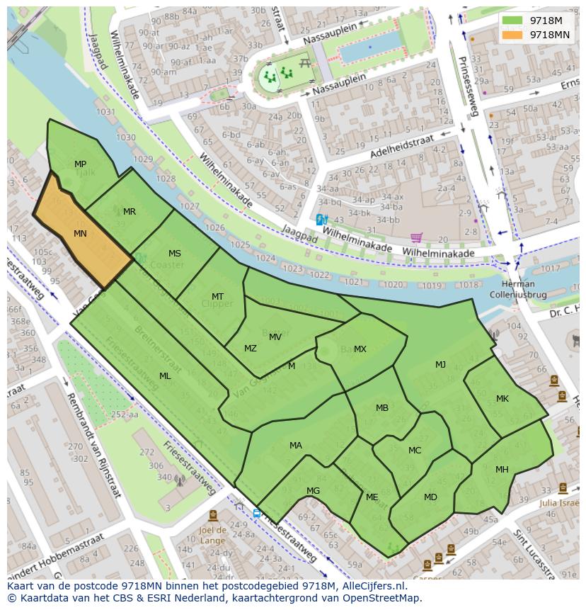 Afbeelding van het postcodegebied 9718 MN op de kaart.