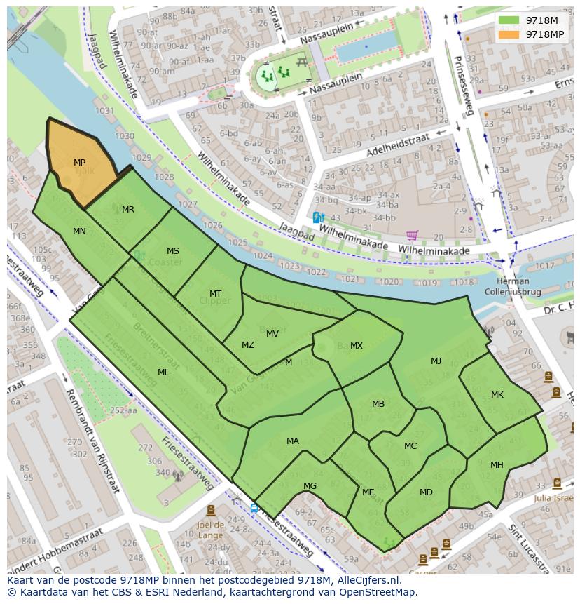 Afbeelding van het postcodegebied 9718 MP op de kaart.