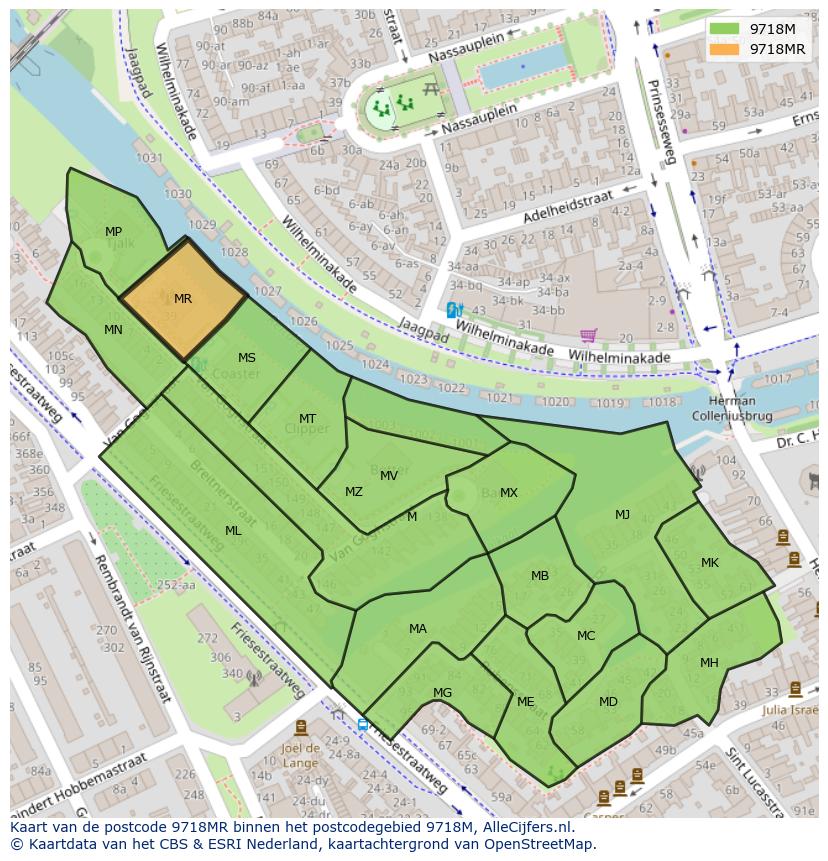 Afbeelding van het postcodegebied 9718 MR op de kaart.