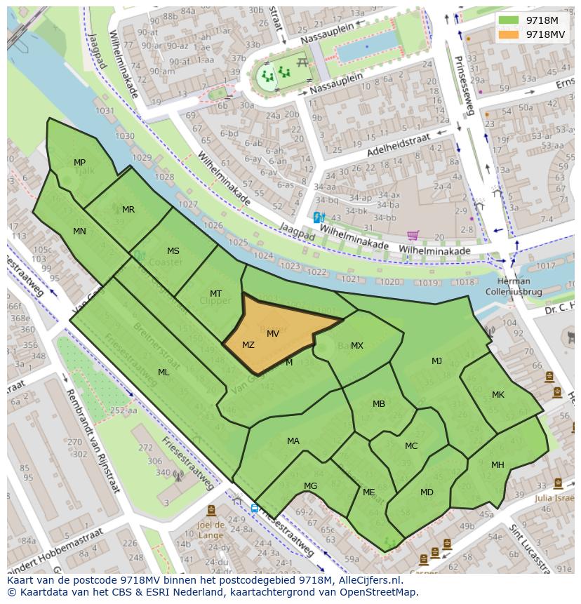 Afbeelding van het postcodegebied 9718 MV op de kaart.