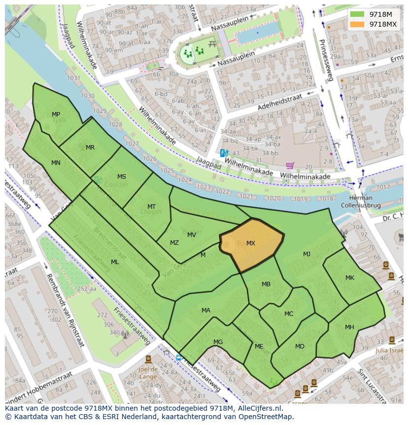 Afbeelding van het postcodegebied 9718 MX op de kaart.