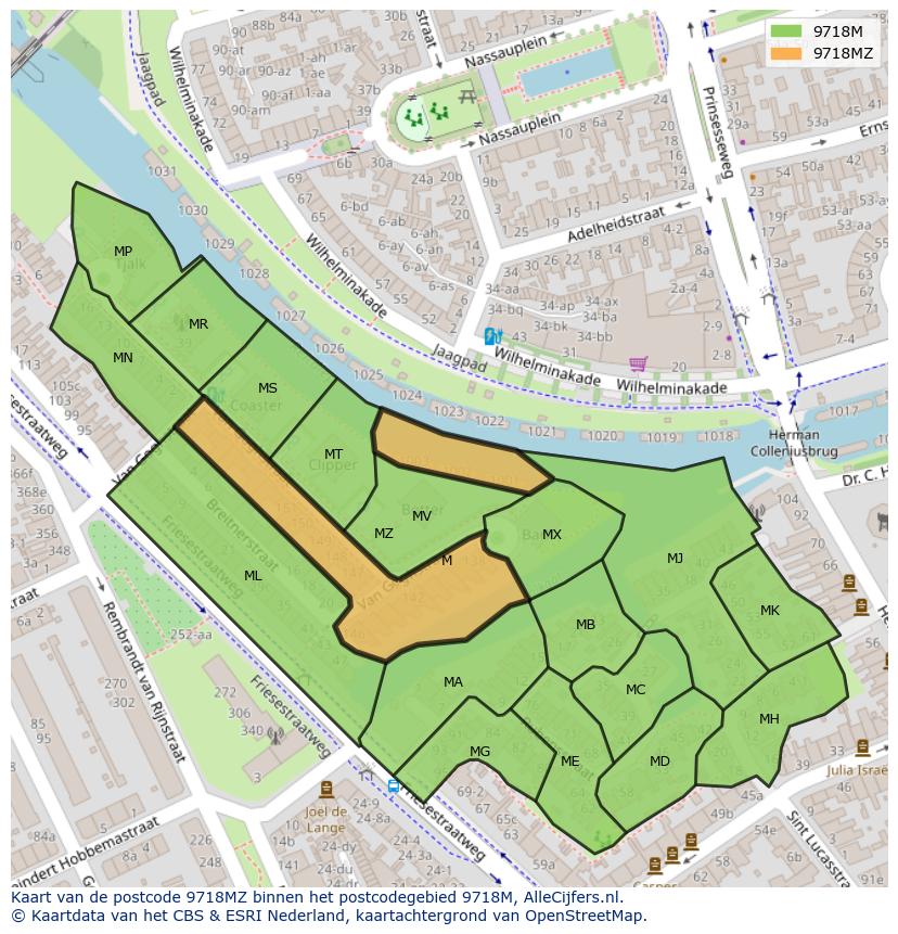 Afbeelding van het postcodegebied 9718 MZ op de kaart.