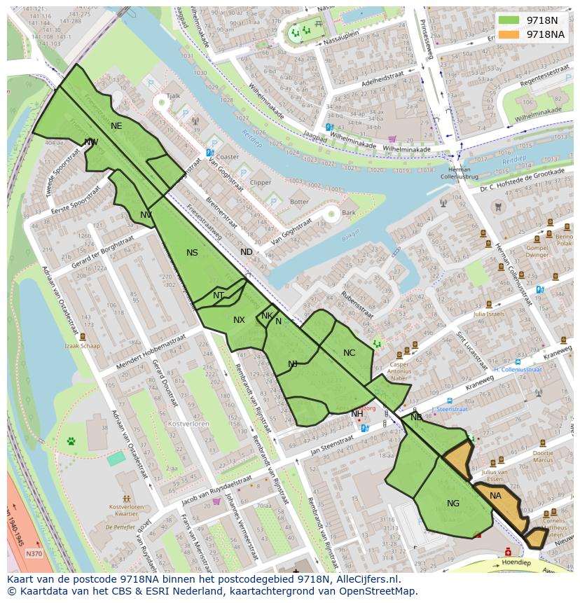 Afbeelding van het postcodegebied 9718 NA op de kaart.
