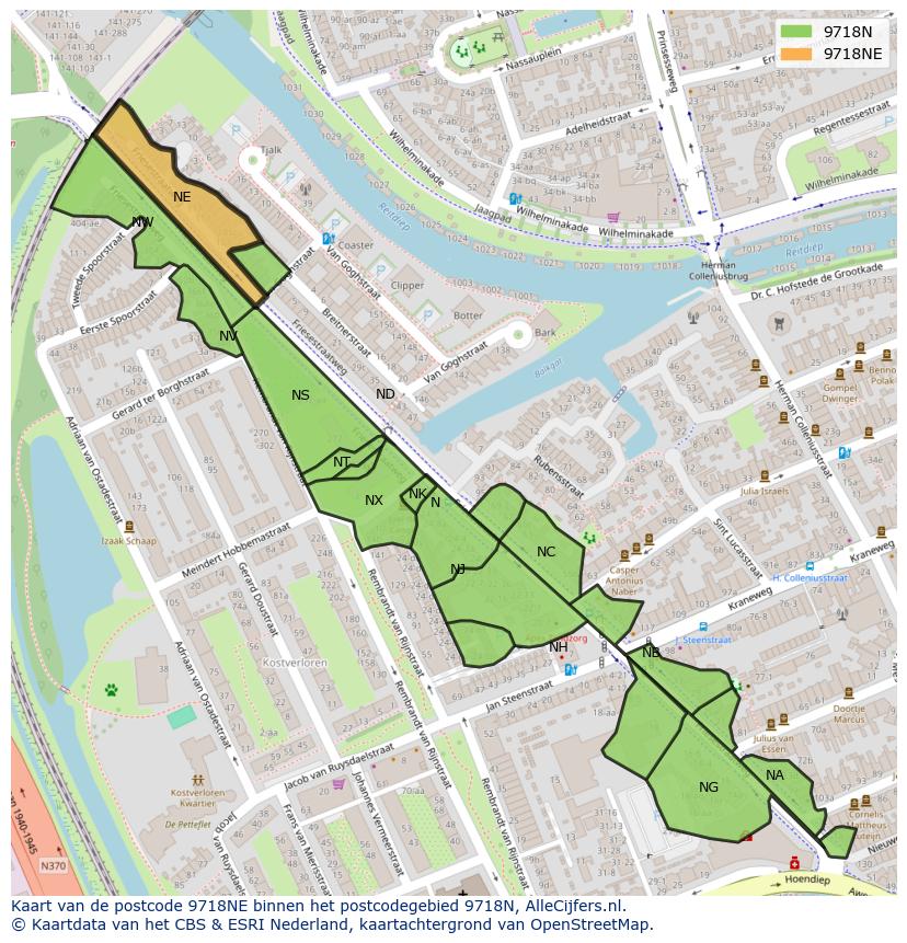 Afbeelding van het postcodegebied 9718 NE op de kaart.