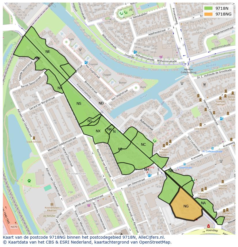 Afbeelding van het postcodegebied 9718 NG op de kaart.