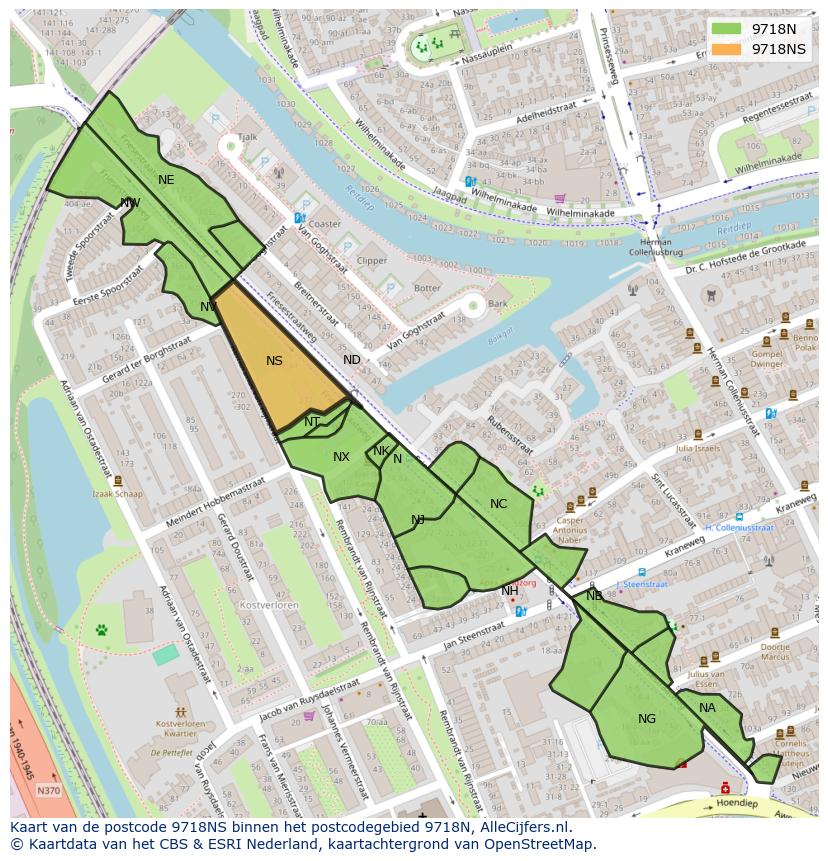 Afbeelding van het postcodegebied 9718 NS op de kaart.