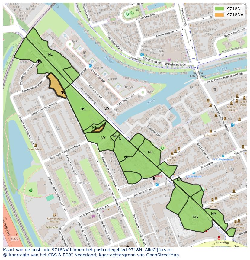 Afbeelding van het postcodegebied 9718 NV op de kaart.