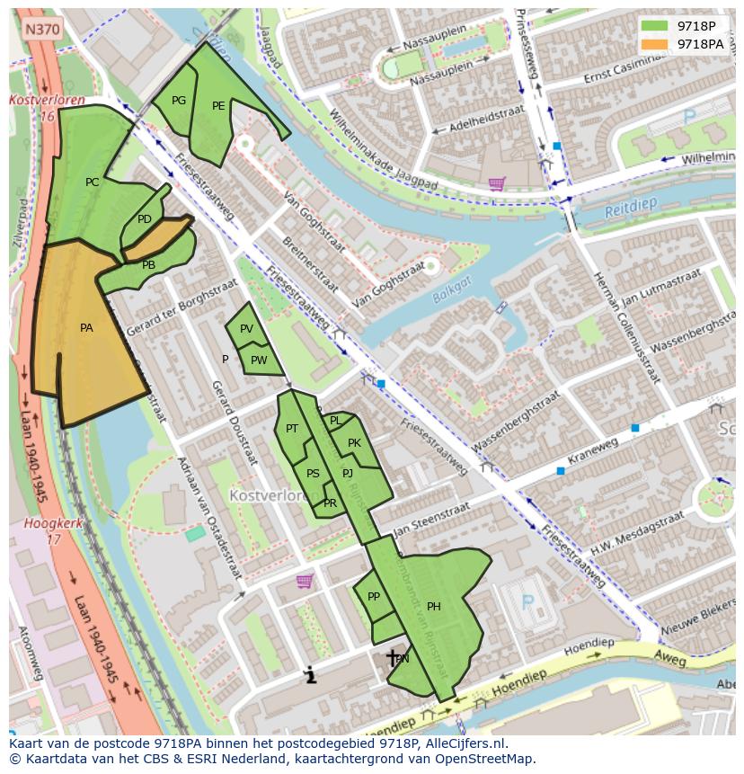 Afbeelding van het postcodegebied 9718 PA op de kaart.