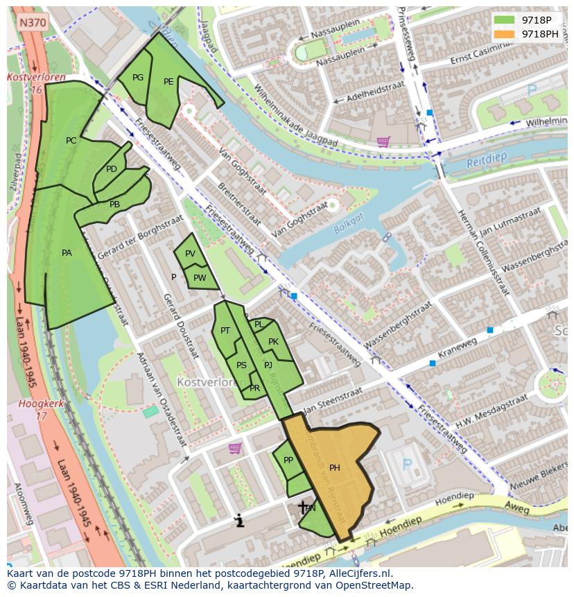 Afbeelding van het postcodegebied 9718 PH op de kaart.