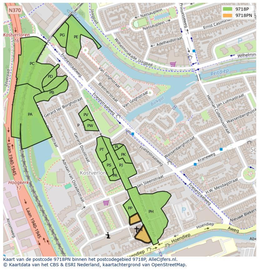 Afbeelding van het postcodegebied 9718 PN op de kaart.