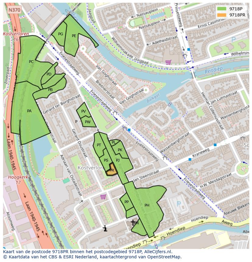 Afbeelding van het postcodegebied 9718 PR op de kaart.