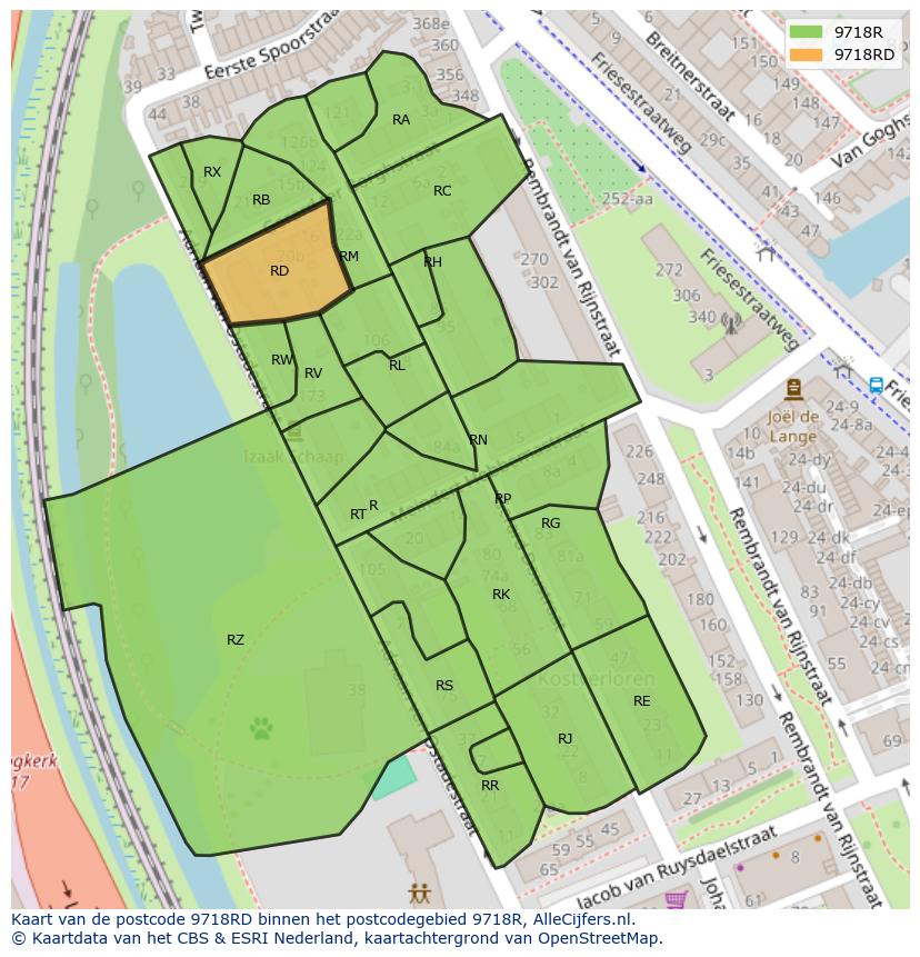 Afbeelding van het postcodegebied 9718 RD op de kaart.