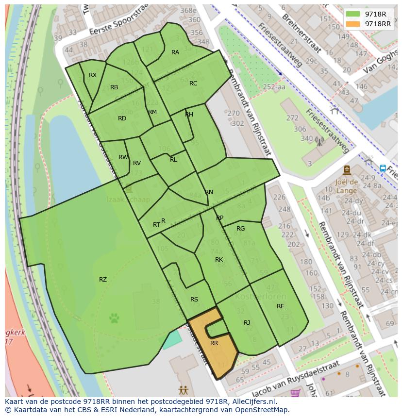 Afbeelding van het postcodegebied 9718 RR op de kaart.