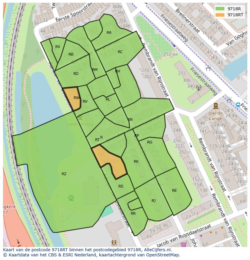 Afbeelding van het postcodegebied 9718 RT op de kaart.