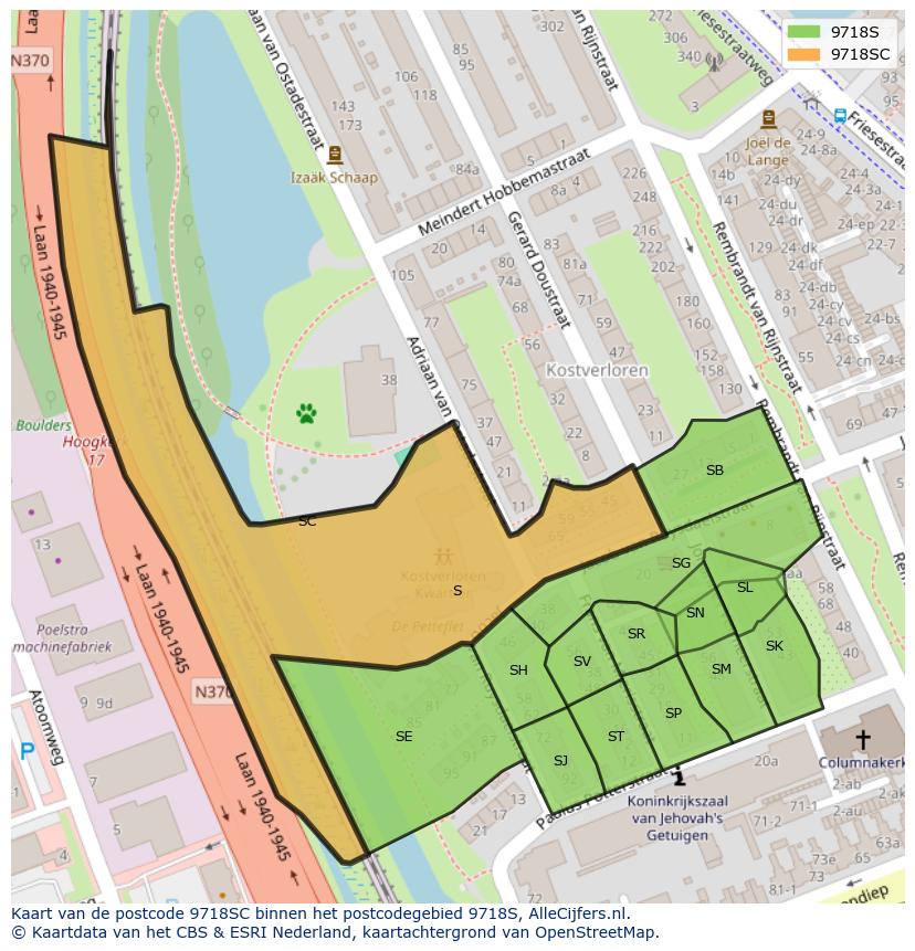 Afbeelding van het postcodegebied 9718 SC op de kaart.