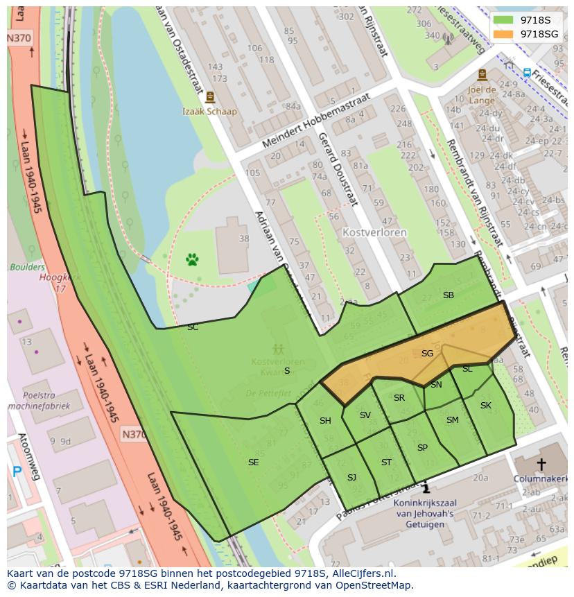 Afbeelding van het postcodegebied 9718 SG op de kaart.