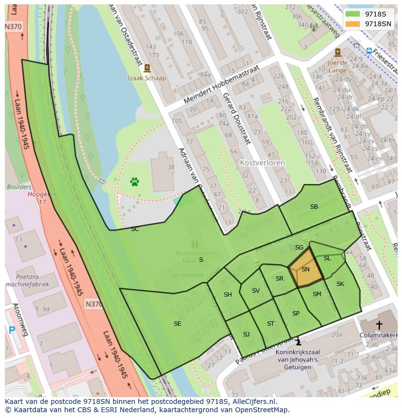 Afbeelding van het postcodegebied 9718 SN op de kaart.
