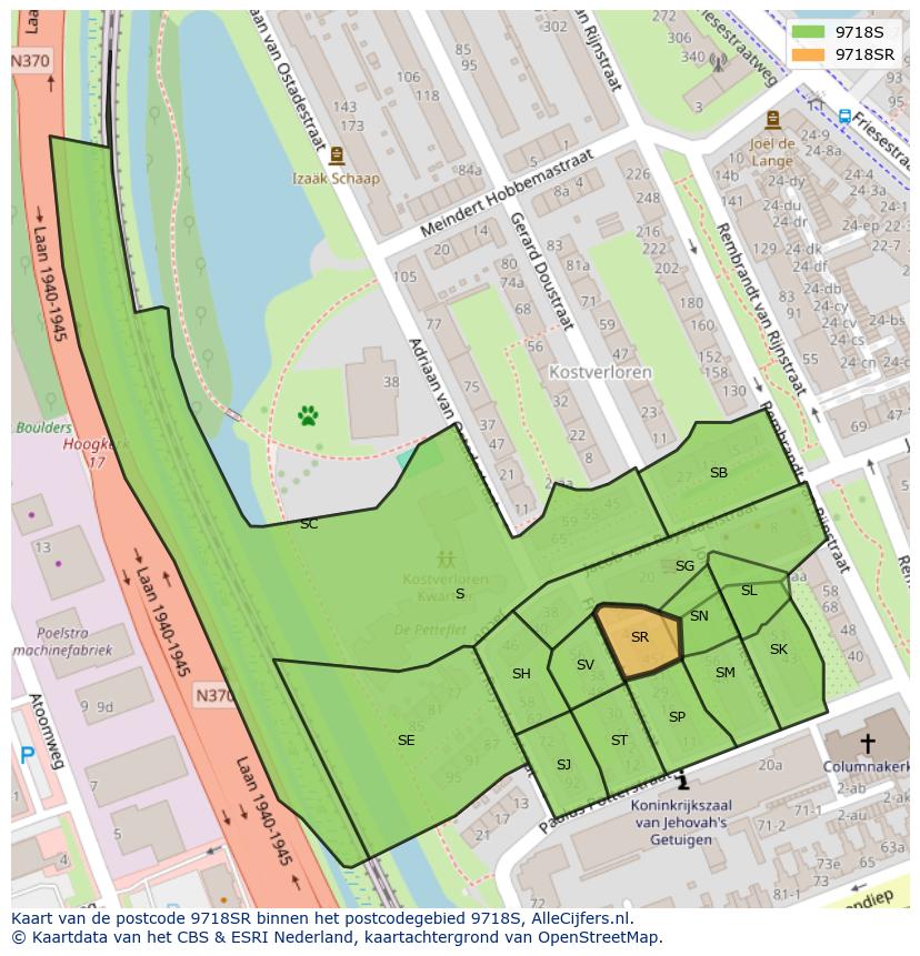 Afbeelding van het postcodegebied 9718 SR op de kaart.