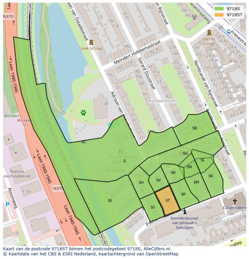 Afbeelding van het postcodegebied 9718 ST op de kaart.