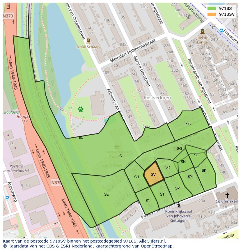 Afbeelding van het postcodegebied 9718 SV op de kaart.