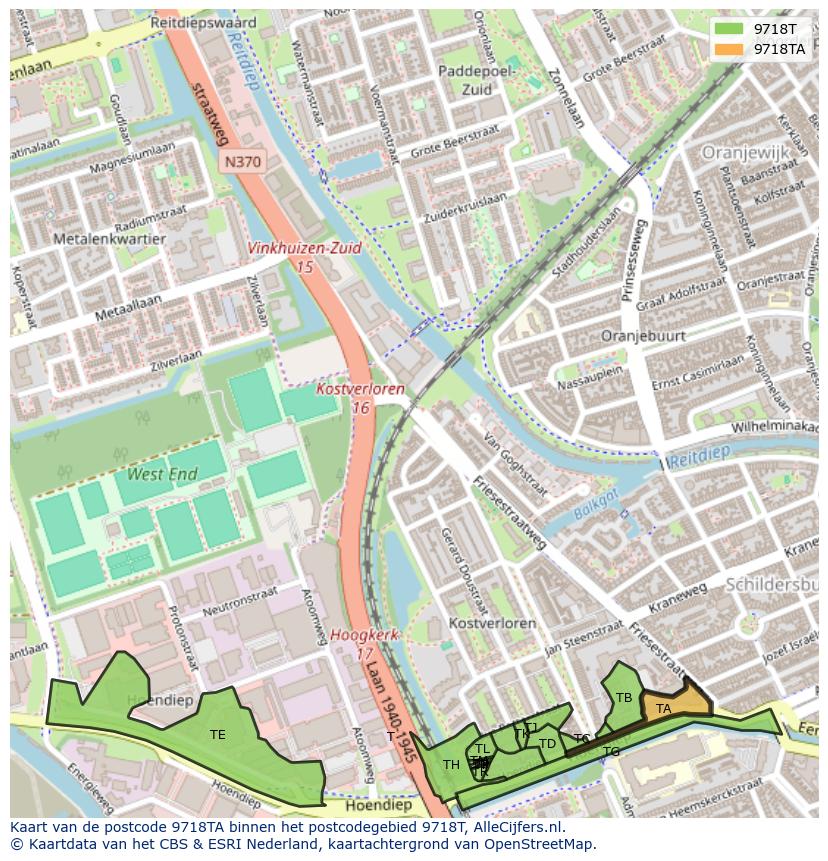 Afbeelding van het postcodegebied 9718 TA op de kaart.