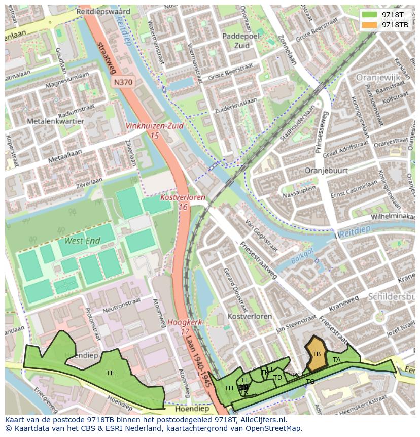 Afbeelding van het postcodegebied 9718 TB op de kaart.