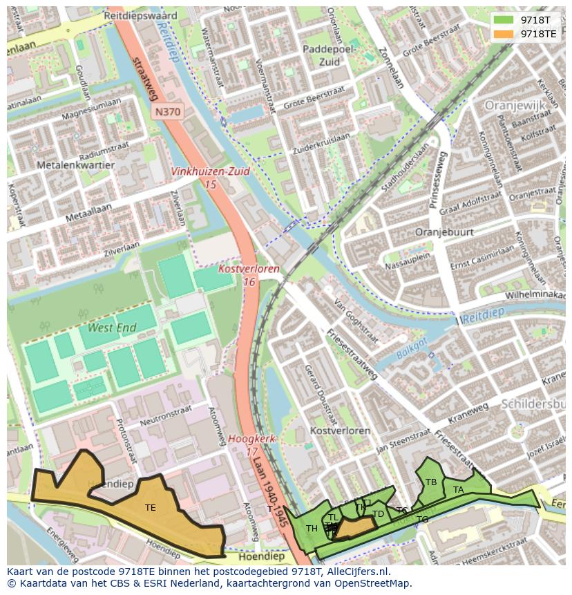 Afbeelding van het postcodegebied 9718 TE op de kaart.
