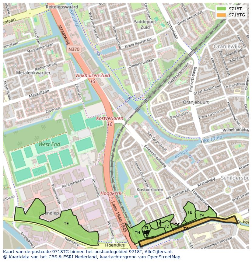 Afbeelding van het postcodegebied 9718 TG op de kaart.
