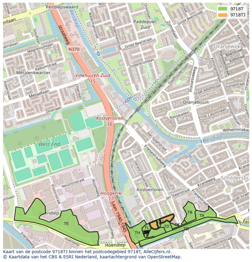 Afbeelding van het postcodegebied 9718 TJ op de kaart.
