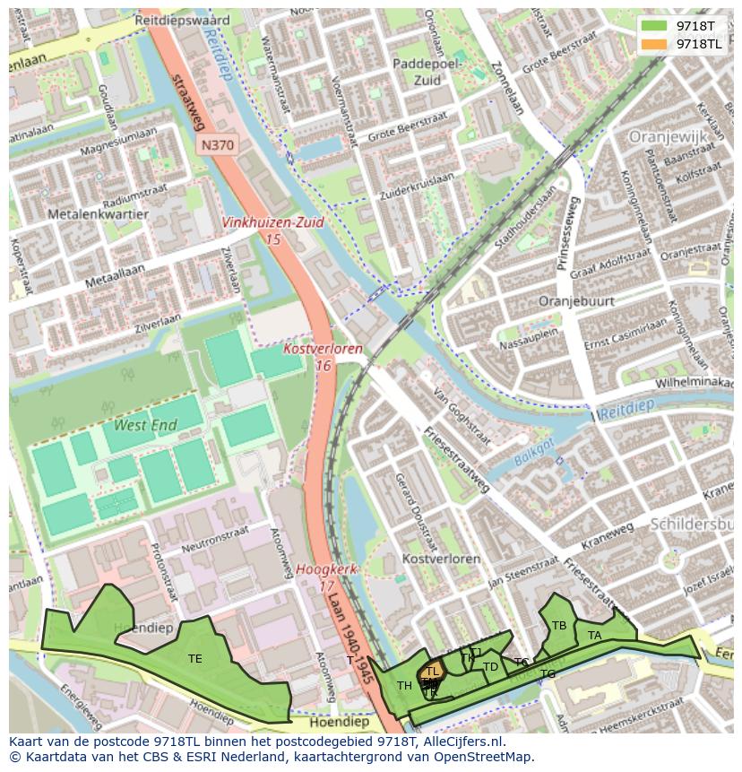 Afbeelding van het postcodegebied 9718 TL op de kaart.