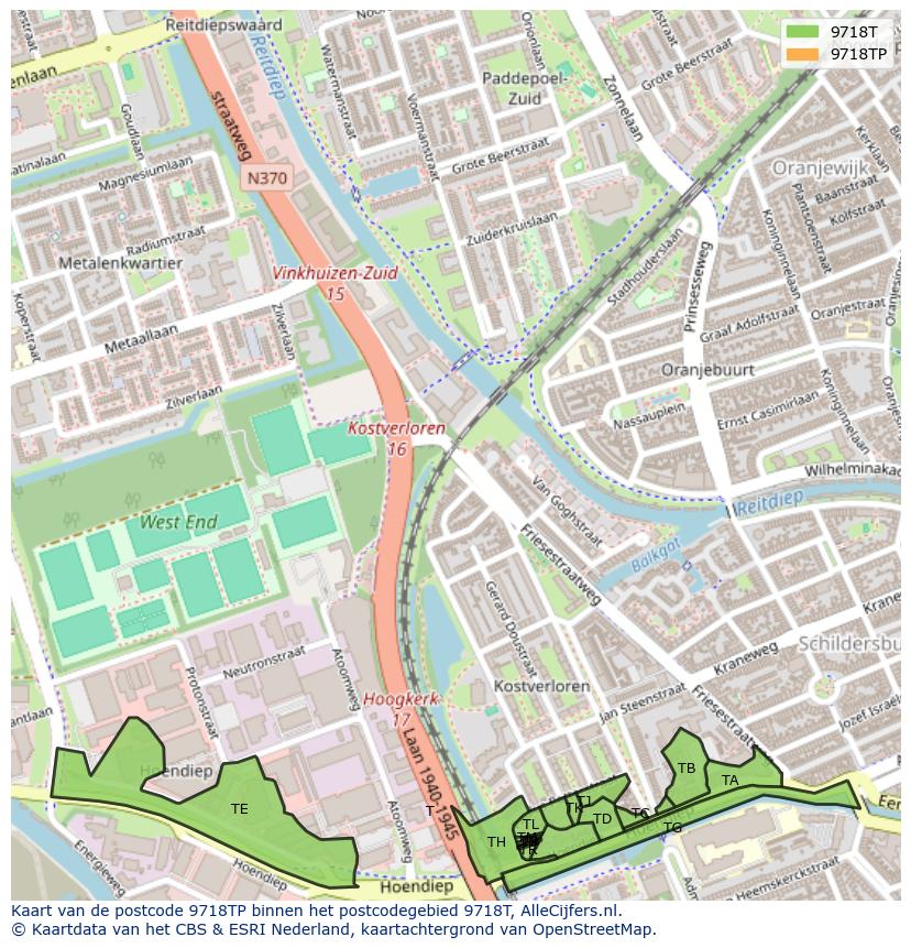 Afbeelding van het postcodegebied 9718 TP op de kaart.