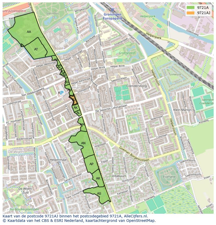Afbeelding van het postcodegebied 9721 AJ op de kaart.