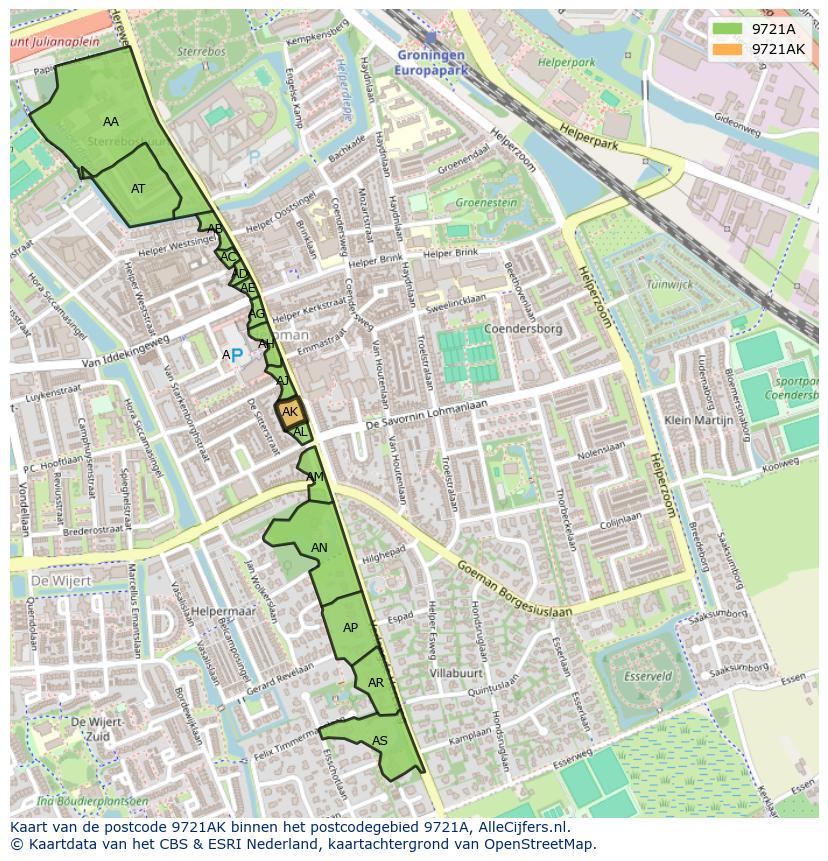 Afbeelding van het postcodegebied 9721 AK op de kaart.