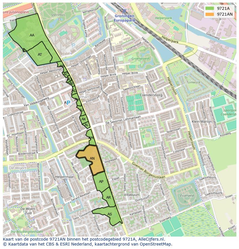 Afbeelding van het postcodegebied 9721 AN op de kaart.
