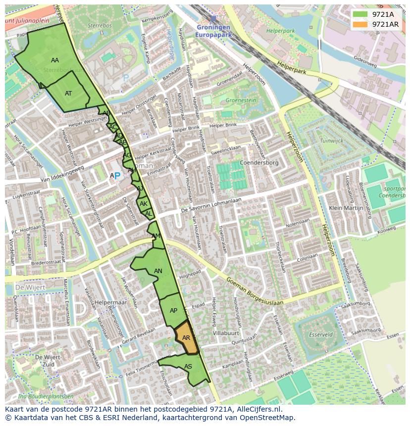 Afbeelding van het postcodegebied 9721 AR op de kaart.