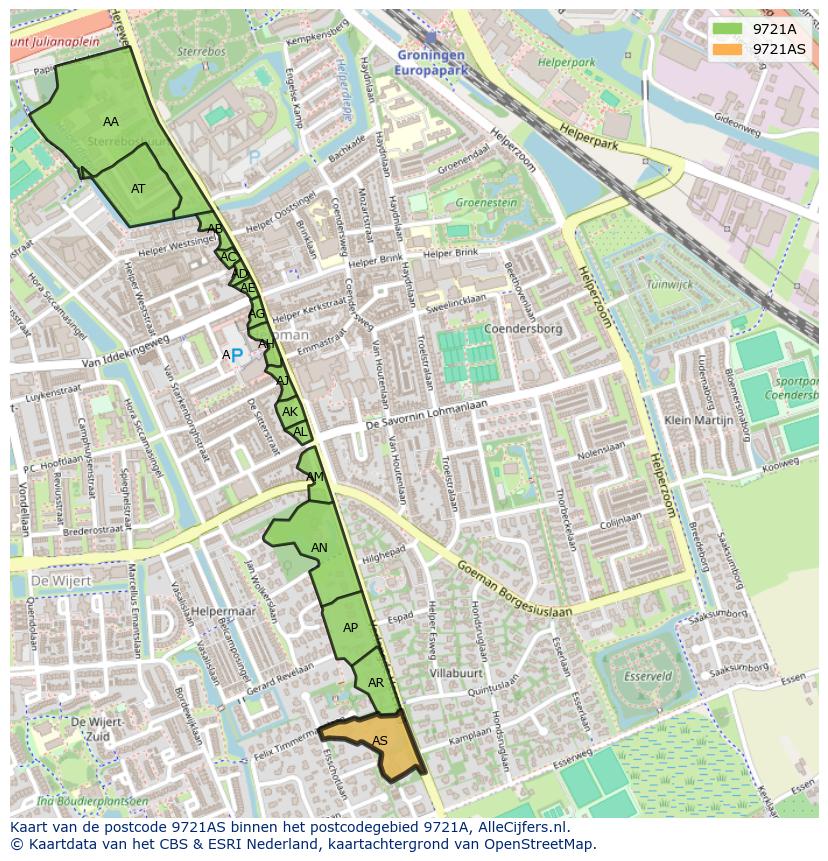 Afbeelding van het postcodegebied 9721 AS op de kaart.