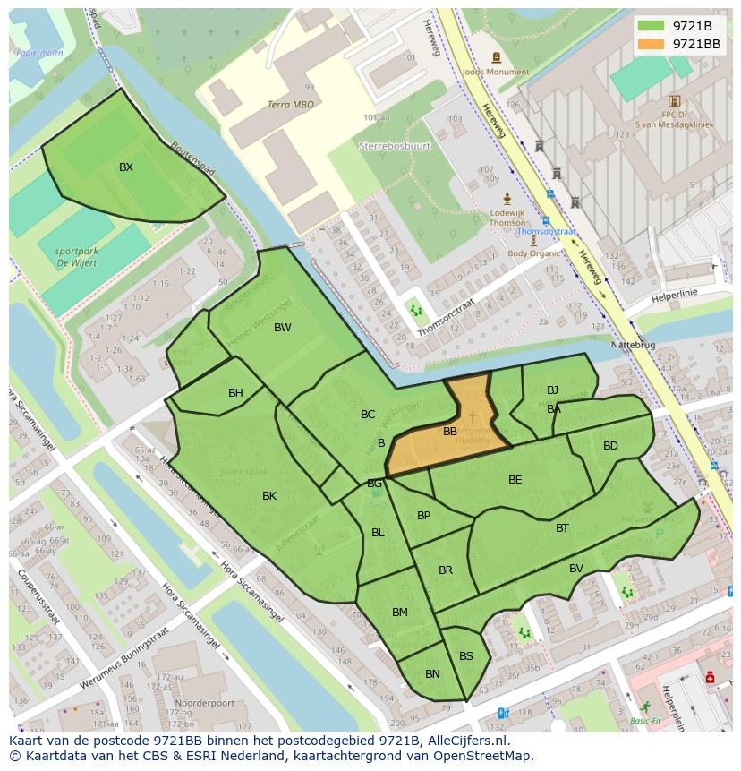 Afbeelding van het postcodegebied 9721 BB op de kaart.