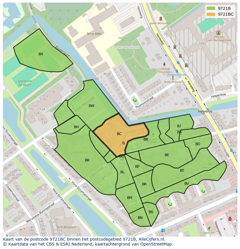 Afbeelding van het postcodegebied 9721 BC op de kaart.