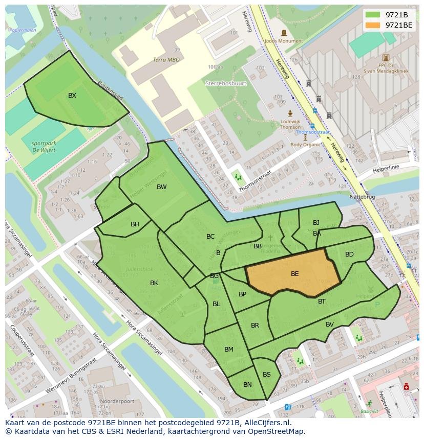 Afbeelding van het postcodegebied 9721 BE op de kaart.