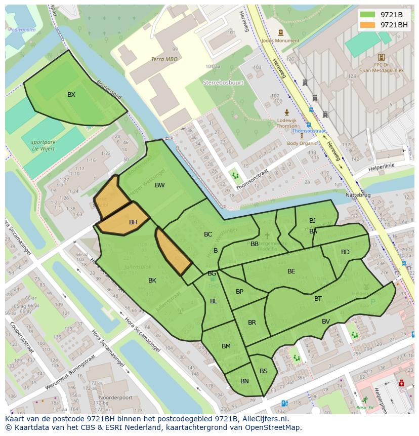 Afbeelding van het postcodegebied 9721 BH op de kaart.