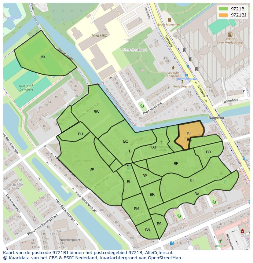 Afbeelding van het postcodegebied 9721 BJ op de kaart.