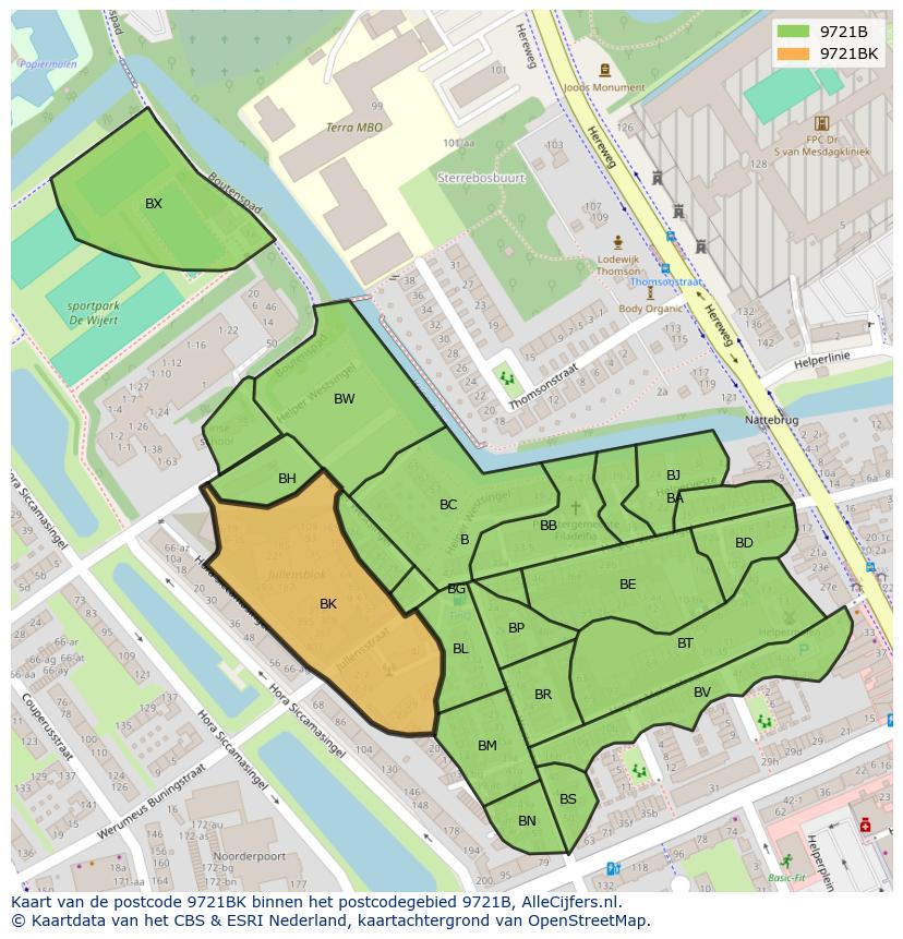 Afbeelding van het postcodegebied 9721 BK op de kaart.