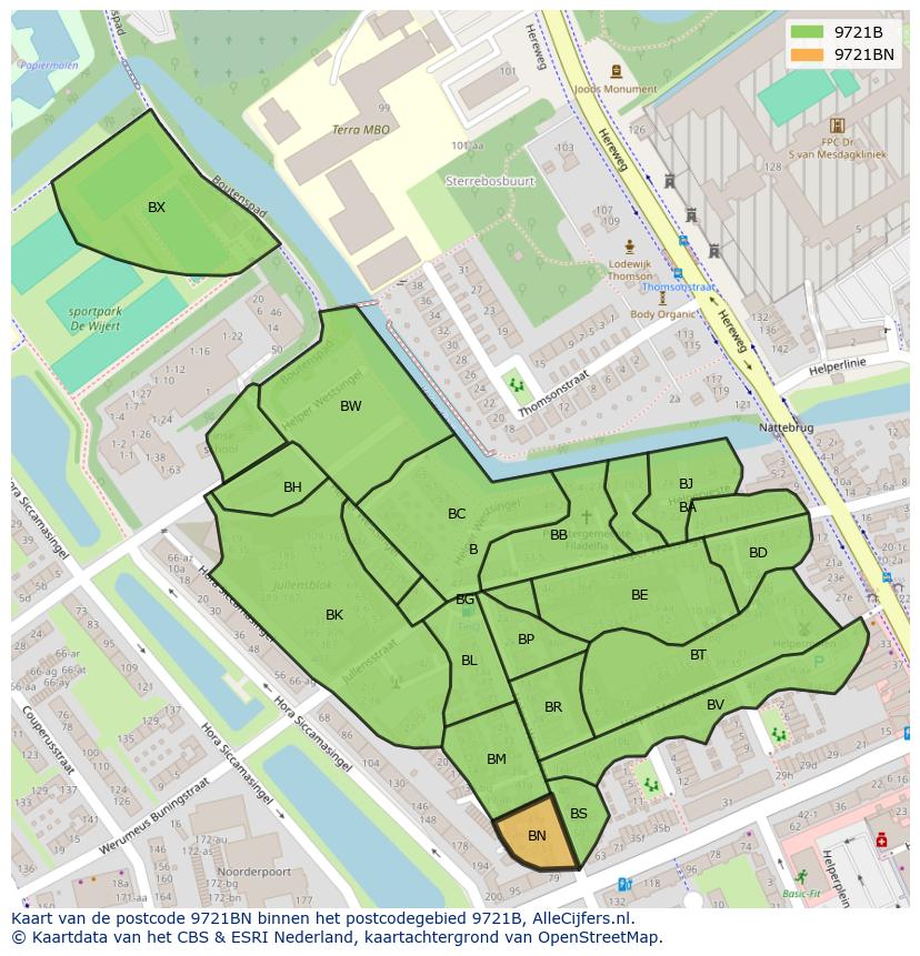 Afbeelding van het postcodegebied 9721 BN op de kaart.