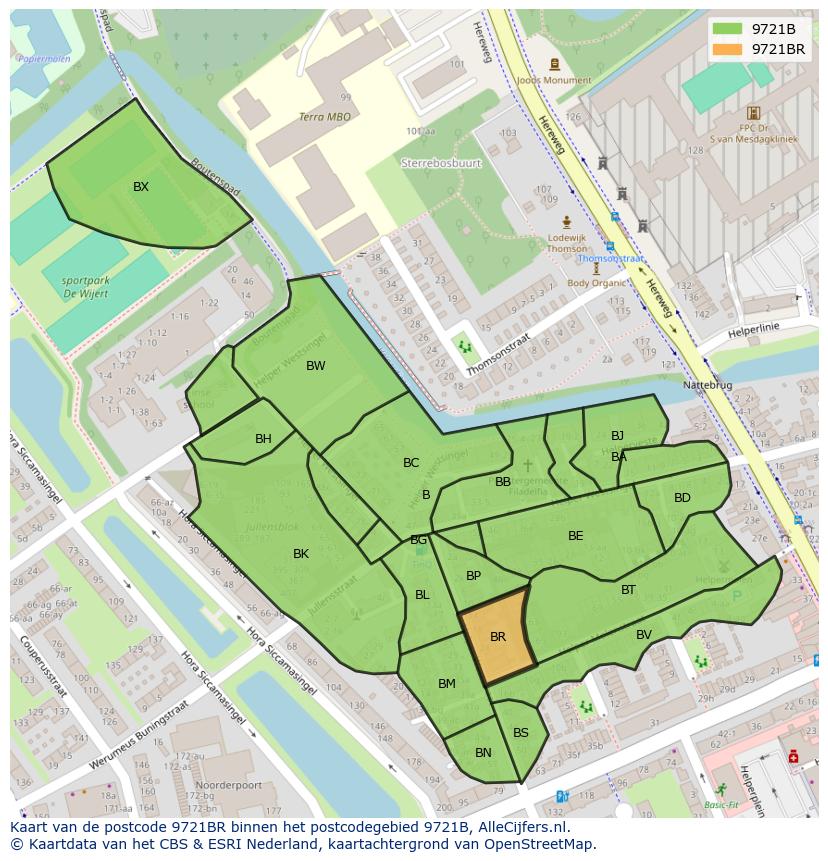 Afbeelding van het postcodegebied 9721 BR op de kaart.