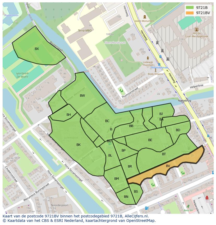 Afbeelding van het postcodegebied 9721 BV op de kaart.