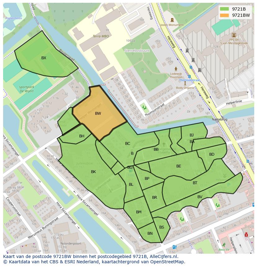 Afbeelding van het postcodegebied 9721 BW op de kaart.