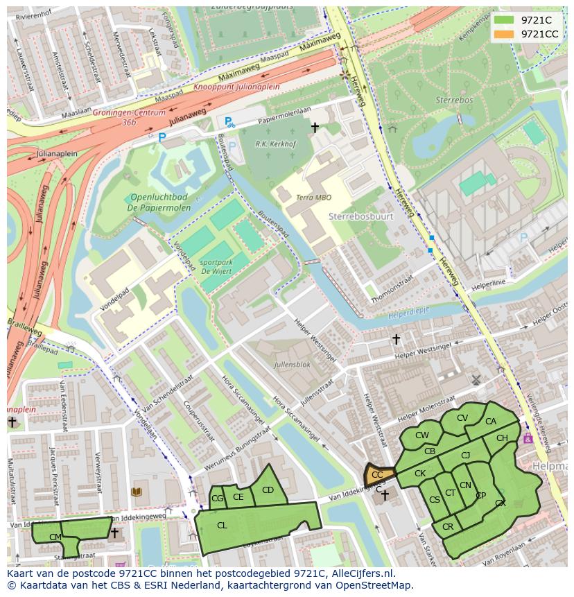 Afbeelding van het postcodegebied 9721 CC op de kaart.