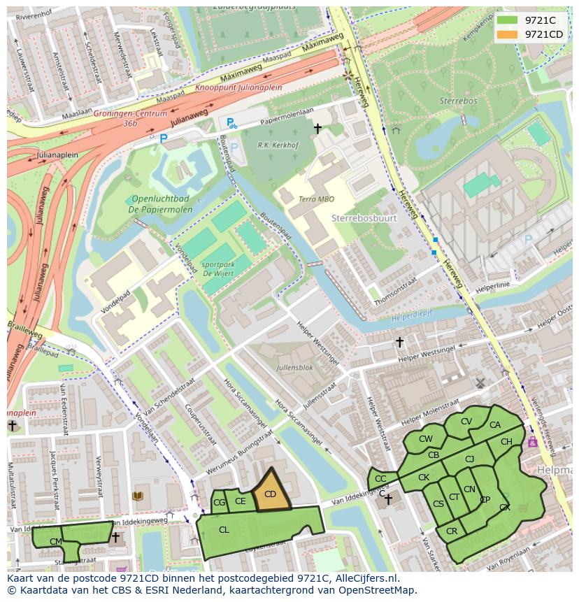 Afbeelding van het postcodegebied 9721 CD op de kaart.