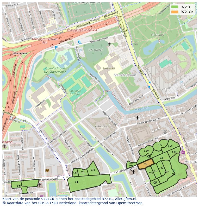 Afbeelding van het postcodegebied 9721 CK op de kaart.