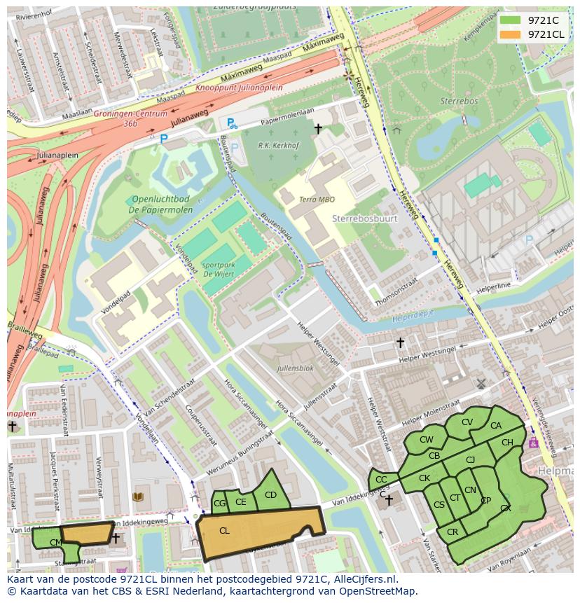 Afbeelding van het postcodegebied 9721 CL op de kaart.